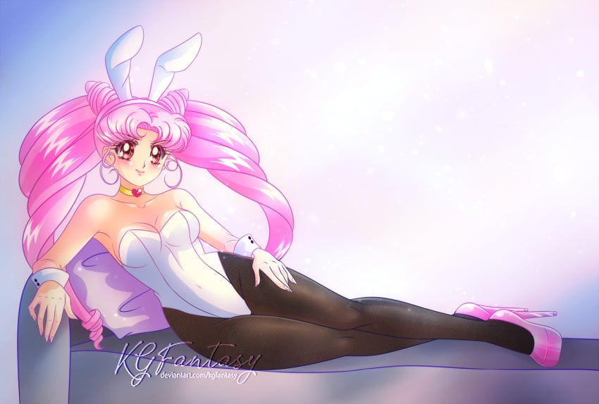 1girls aged_up alluring artist_signature artist_website bishoujo_senshi_sailor_moon blush_stickers breasts bunny_ears bunny_girl bunnysuit chibi_usa choker cleavage female high_heels kgfantasy lying_on_couch lying_on_side lying_on_sofa pink_eyes pink_hair pink_heels pink_nail_polish sexy_body simple_background smirk smirking_at_viewer solo tights twintails