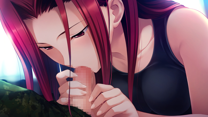 1boy agnes_garrett blush censored clothing fellatio female fingernails fumio_(ura_fmo) game_cg grisaia_(series) grisaia_no_kajitsu grisaia_no_rakuen hands kazami_yuuji long_hair mosaic_censoring oral penis red_eyes red_hair tank_top