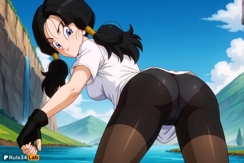1girls ai_generated artist_name ass bent_over bike_shorts black_gloves black_hair black_pantyhose black_shorts blue_eyes blue_sky breasts closed_mouth cloud crotch_seam day dragon_ball dragon_ball_super dragon_ball_z fingerless_gloves from_behind gloves hi_res looking_at_viewer looking_back low_twintails medium_breasts mountain outdoors panties panties_under_pantyhose pantyhose patreon_logo patreon_username rule34lab shirt short_sleeves shorts sky smile solo twintails underwear videl videl_(dragon_ball_super) water white_shirt