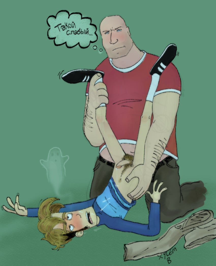 anal anal_sex arm_hair blush crossover cumming_from_anal_sex cumming_on_face cumming_on_self cumming_while_penetrated drool erect_while_penetrated erection gay gay_sex giving_up_the_ghost heavy_weapons_guy pants_removed penny_arcade poker_night_at_the_inventory russian_text team_fortress_2 tycho_brahe xylemb yaoi