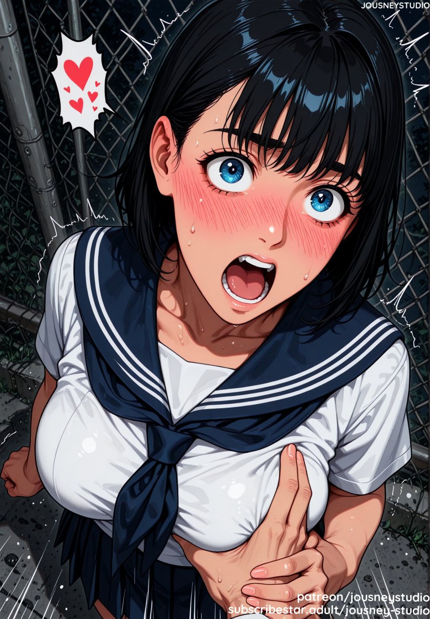 1boy ai_generated alley bangs black_hair black_neckerchief blue_eyes blue_neckerchief blue_sailor_collar blue_skirt blush breast_grab breasts chain-link_fence clavicle clothes_lift clothes_pull clothing female female fence grabbing grabbing_another's_breast groping guided_breast_grab guiding_hand heart holding_another's_wrist jousneystudio kofune_mio large_breasts looking_at_viewer male medium_hair navel neckerchief neckwear nipples nose_blush open_mouth original outdoors pleated_skirt pov_hands sailor_collar saliva school_uniform serafuku shirt short_hair short_sleeves skirt solo solo_focus spoken_heart standing straight summertime_render sweat tears teeth text thighs tongue underwear uniform white_shirt