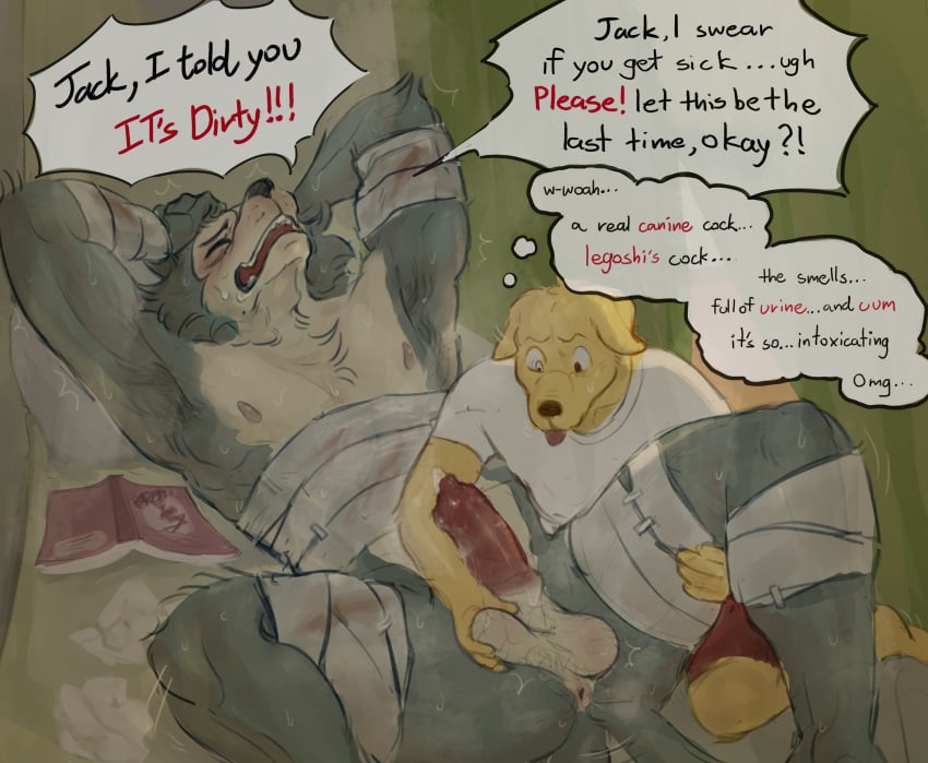 2025 absurd_res after_masturbation after_orgasm animal_genitalia animal_penis anthro anthro_on_anthro anus areola ball_grab balls bandage beastars bed big_balls big_muscles big_penis bird_dog blep blush bodily_fluids bottomwear bruised canid canine canine_genitalia canine_penis canis closed_eyes clothed clothed/nude clothing cum cum_on_penis cum_on_self dialogue domestic_dog duo english_text erection eyebrows fanofthefurr fur furniture genital_fluids genitals hand_on_balls hand_on_head hi_res hunting_dog inside jack_(beastars) kneeling labrador legoshi_(beastars) lying magazine male male/male mammal motion_blur motion_lines muscular muscular_anthro muscular_male musk nipples nude on_back on_bed open_mouth penis pillow porn_magazine pornography retriever sheath shirt shorts simple_background size_difference sweat tail tail_motion tailwag teeth text thought_bubble tissue tongue tongue_out topwear tuft uneven_balls wolf