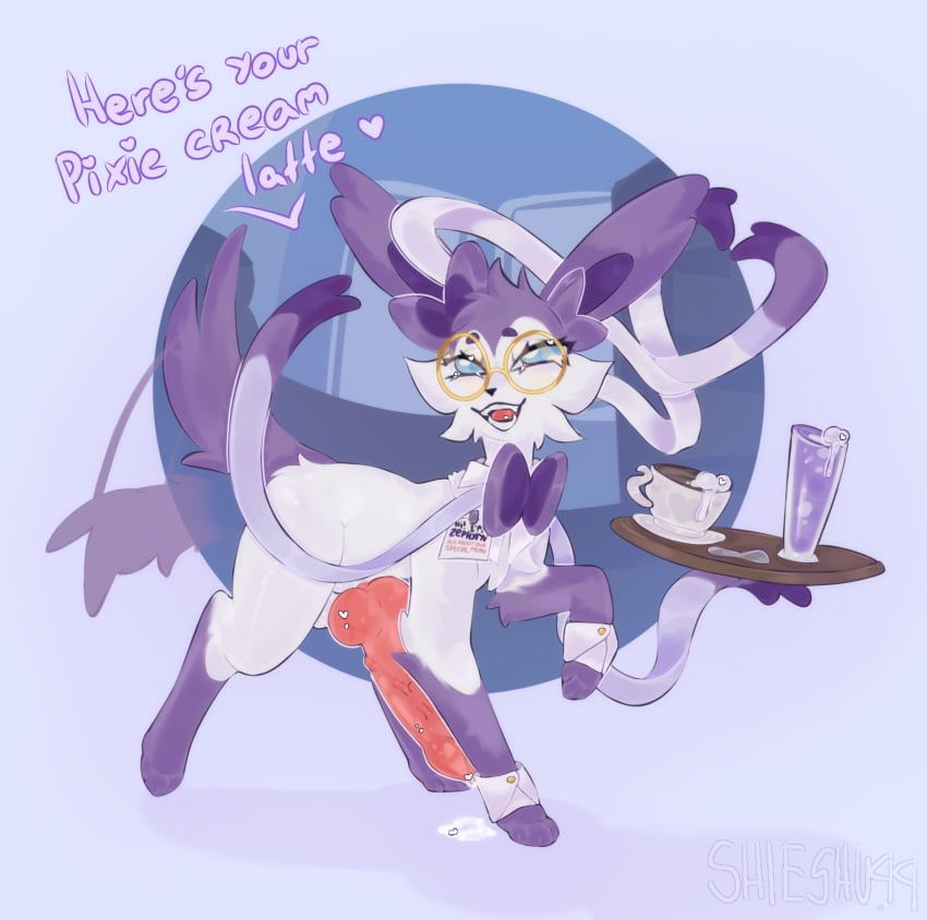 animal_genitalia big_knot big_penis blue_eyes bodily_fluids bow_(feature) bow_ribbon cafe container cuffs_(clothing) cum cum_in_a_cup cum_in_container cup eeveelution eyewear fan_character felid feline feral fur generation_6_pokemon genital_fluids genitals glasses heart_symbol hi_res knot looking_at_viewer male mammal name_tag nintendo penis pink_knot pink_penis pink_tongue pokemon pokemon_(species) precum presenting purple_body purple_fur ribbons_(anatomy) shieshuqqq shirt_collar smile smiling_at_viewer solo standing sylveon tail tail_motion tailwag tongue tray white_body white_fur