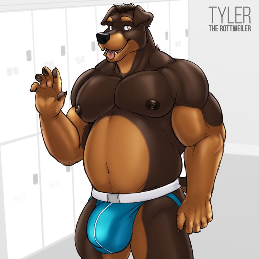 1:1 1boy 2020 5_fingers anthro balls big_bulge biped blue_underwear bulge canid canine canis clothing digital_media_(artwork) domestic_dog dream_and_nightmare fingers genitals gesture hi_res jockstrap locker_room male male_only mammal mastiff molosser musclegut muscular muscular_anthro muscular_male navel pecs penis_outline rottweiler slightly_chubby solo standing teeth thong tongue tongue_out tyler underwear waving