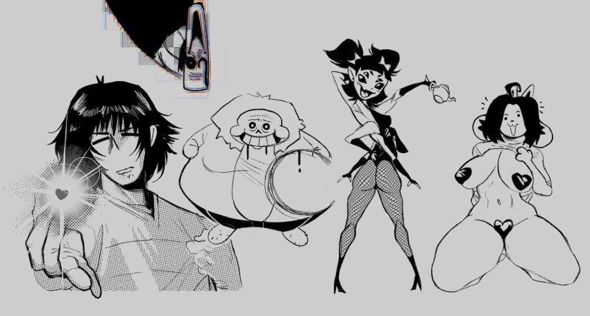 00ketsui 2boys 2d 2d_(artwork) 2girls big_ass big_breasts blood convenient_censoring frisk funny gaster grey_background meme muffet naked naked_female sans simple_background tagme temmie temmie_(undertale) thick_ass thick_thighs undertale undertale_(series)