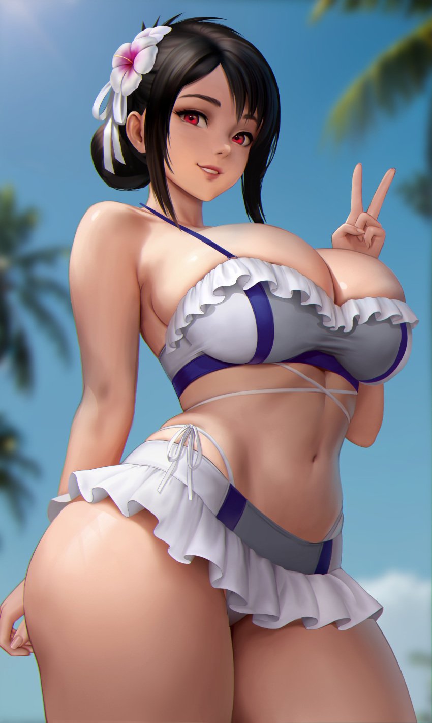 1girl 1girls abs athletic_female beach big_breasts bikini bikini_bottom bikini_top black_hair breasts breasts_bigger_than_head bun cleavage female female_focus female_only final_fantasy final_fantasy_vii final_fantasy_vii_rebirth final_fantasy_vii_remake fit fit_female fitness flower_in_hair hair_ornament hips hips_wider_than_shoulders hourglass_figure huge_breasts human light-skinned_female light_skin looking_at_viewer meekohopanes midriff navel outdoors outside peace_sign red_eyes smile soft_abs solo solo_female solo_focus standing teeth thick_thighs thighs tifa_lockhart tifa_lockhart_(shining_spirit) video_games voluptuous wide_hips