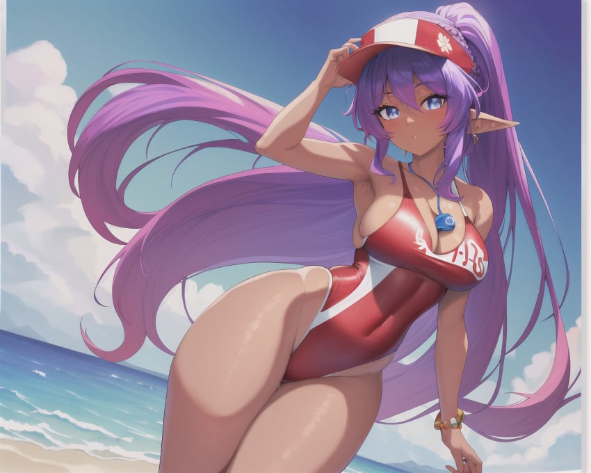 1girls ai_generated beach blue_eyes bracelet breasts clouds earrings highleg highleg_one-piece_swimsuit highleg_swimsuit large_breasts lifeguard lifeguard_swimsuit looking_at_viewer ocean one-piece_swimsuit outside ponytail purple_hair red_one-piece_swimsuit red_swimsuit rulles shantae shantae_(character) sky swimsuit visor_cap water whistle whistle_around_neck