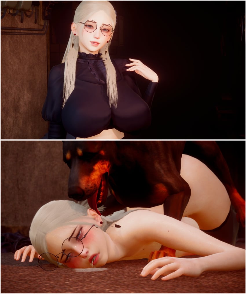 1animal 1girls 3d alley animal_genitalia big_breasts blonde_female blonde_hair blue_eyes canine doberman female glasses honey_select_2 interspecies knot knotting light-skinned_female light_skin night nude nude_female on_the_ground penetration viktorkrev zoophilia