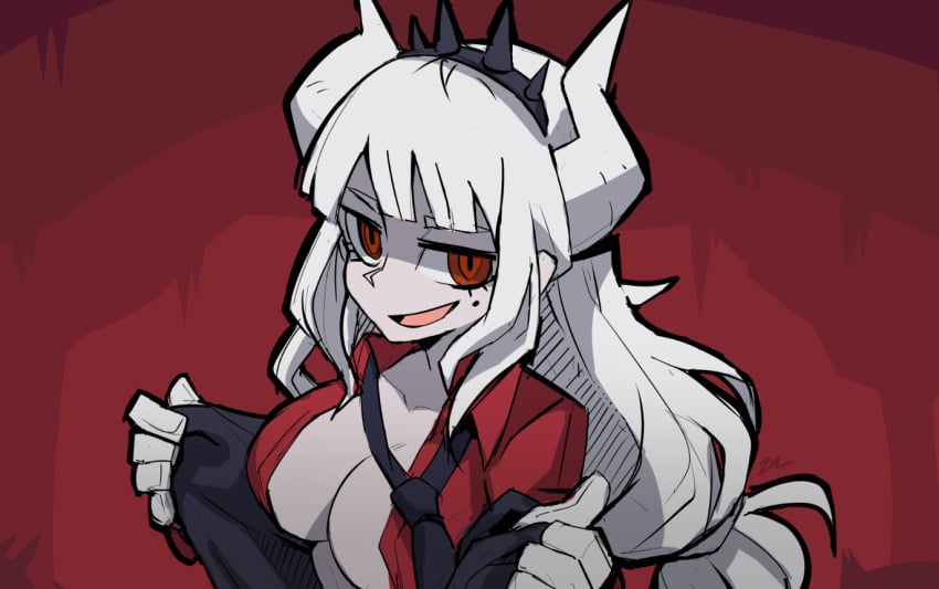 breasts demon helltaker horns inner_boob large_breasts long_hair lucifer_(helltaker) pant_suit red_eyes tie undressing white_hair white_horn