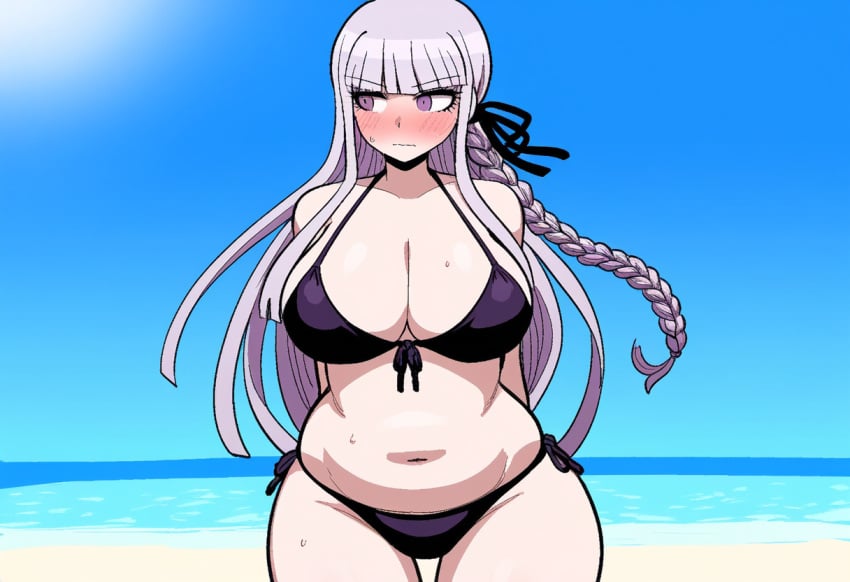 1girls ai_generated beach belly big_breasts bikini blush chubby danganronpa danganronpa:_trigger_happy_havoc embarrassed kirigiri_kyouko large_breasts looking_away novelai solo_female thick_thighs wide_hips