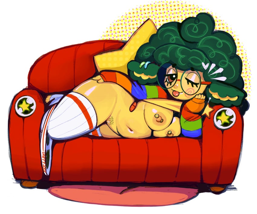 1girls afro belly brown_eyes chubby crop_top curly_hair curvy exposed_breasts exposed_pussy glasses green_hair large_breasts looking_at_viewer lying lying_on_side nipple_bulge nipple_piercing nipples_visible_through_clothing piercing pudgy_belly pulling_up_shirt sheep sheep_girl sofa soft_jules streamer thecurlybunny thick_thighs thighhighs tongue_out twitch underboob underwear virtual_youtuber vtuber wide_hips wink winking_at_viewer