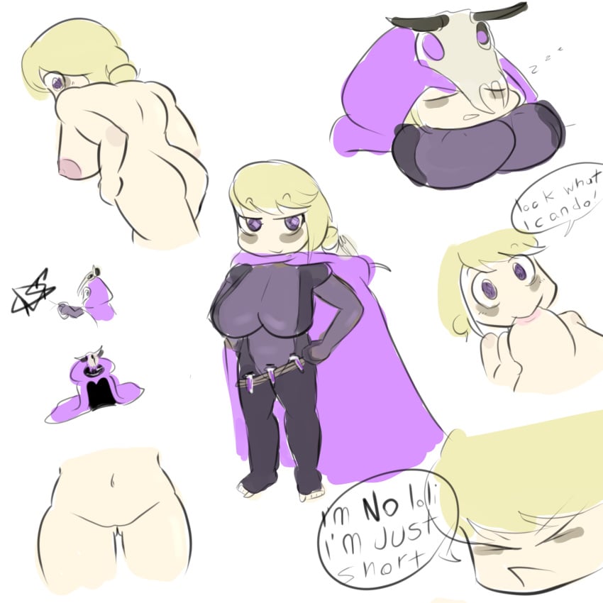 1girls ass big_breasts blonde_hair cape completely_nude cow_skull dark_star_odyssey dark_star_odyssey_(oc) english_text eye_bags female female_only light_skin oc pale_skin pink_nipples purple_bodysuit purple_hair short_female shortstack simple_coloring sketch skull skull_on_head skull_ornament sleeping solo solo_female sucking_nipples sucking_own_breasts text watermark white_background witch