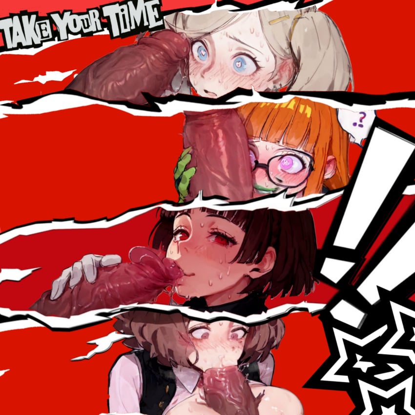 ai_generated ann_takamaki blush cock_hungry cock_shock cock_worship dark-skinned_male fellatio haru_okumura lipstick makoto_niijima oral penis_awe penis_kiss penis_out penis_over_one_eye persona persona_5 pleasure_face precum sakura_futaba saliva saliva_trail symbol-shaped_pupils third-party_edit titjob