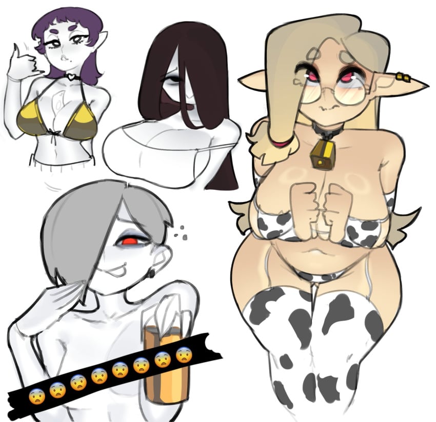 ass bell belly big_ass big_breasts blush blushing breasts censor_bar censored chubby chubby_female cleavage cow_bikini cow_print cow_print_bikini cow_print_thighhighs curvy curvy_female curvy_figure dollar_bill dollar_bills doodle doodles earrings emoji glasses gold_bikini golden_bikini hair_over_one_eye long_hair mikaela_(rayschera) oc original original_character original_characters pink_eyes pointy_ears rayschera shen_(rayschera) tagme thick thick_ass thick_thighs tongue tongue_out voluptuous voluptuous_female white_hair