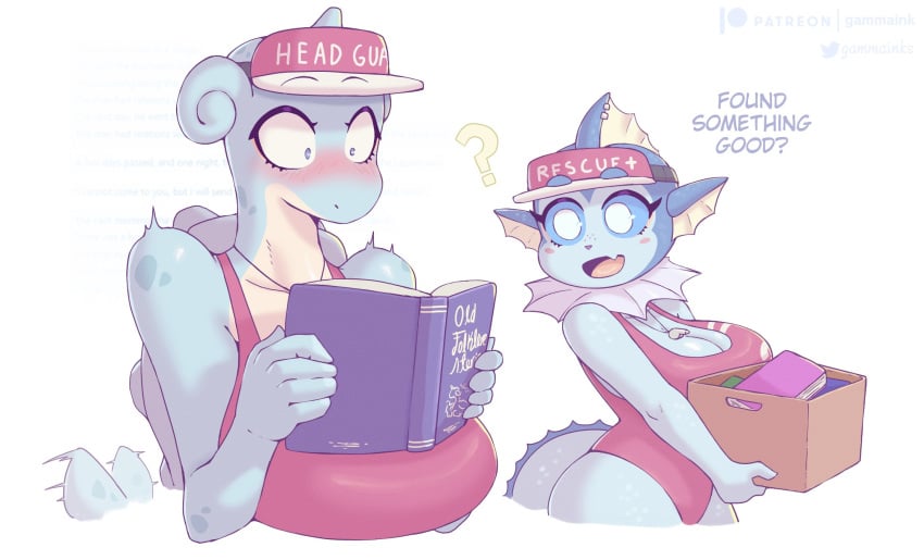 2024_pokemon_teraleak 2girls anthro big_breasts blue_eyes blush book dialogue eeveelution english_text female female_only funny gammainks generation_1_pokemon heart-shaped_pupils hi_res lapras lifeguard lifeguard_swimsuit nintendo pokemon pokemon_(species) reading_book sharon_(gammainks) speech_bubble swimsuit valerie_(gammainks) vaporeon white_background wide_eyed