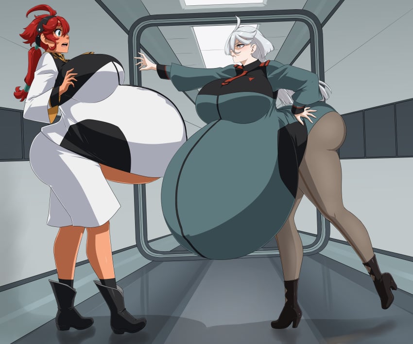 2girls breasts_bigger_than_head clothed gundam_suisei_no_majo huge_breasts hyper hyper_belly hyper_pregnancy miorine_rembran pregnant suletta_mercury zdemian