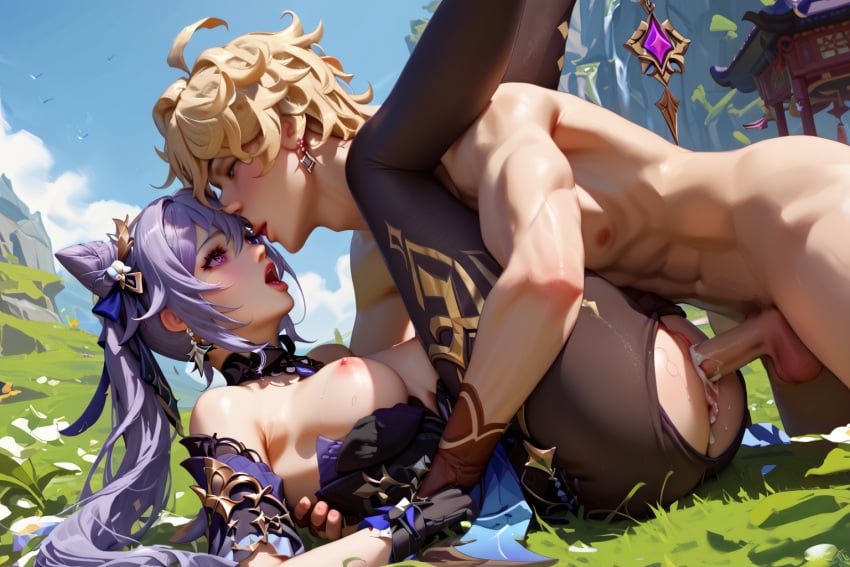 1boy 1girls aether_(genshin_impact) ai_generated big_breasts blonde_hair blonde_hair_male breasts breasts_out cum cum_in_pussy cum_inside ejaculation fat_ass female genshin_impact holding horny_female keqing_(genshin_impact) keqing_(opulent_splendor)_(genshin_impact) legs_up long_hair male male/female mihoyo nude_male on_ground outdoor_sex pleasure_face purple_hair ripped_pantyhose sex sex_on_grass straight thick_thighs vaginal_penetration vaginal_sex