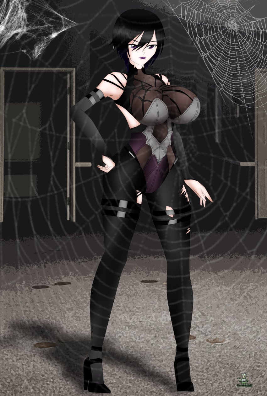 akinama_family_(noir-black-shooter) big_breasts dark_blue_hair female halloween halloween_costume huge_breasts milf naoki_akinama_(noir-black-shooter) noir-black-shooter oc original original_character purple_eyes short_hair spider_web