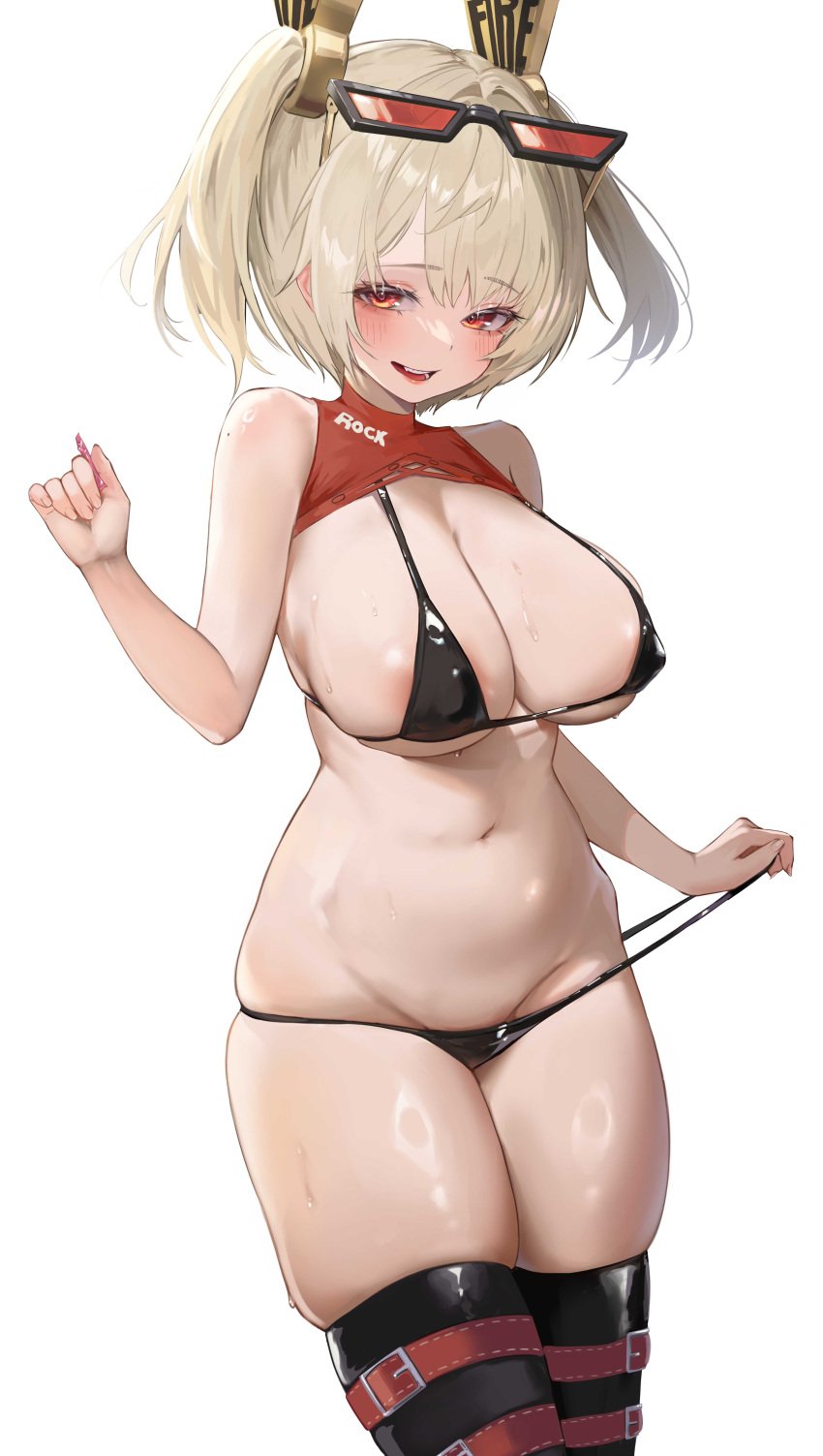 absurdres areola_slip bikini black_bra black_panties blonde_hair blush boots bra breasts burnice_white cleavage condom condom_wrapper eyewear_on_head female fingernails highres large_breasts long_hair looking_at_viewer micro_bikini navel open_mouth panties red-tinted_eyewear sihana156 simple_background smile solo standing stomach sunglasses sweat swimsuit teeth thigh_boots thighs tinted_eyewear two_side_up underwear upper_teeth_only white_background zenless_zone_zero