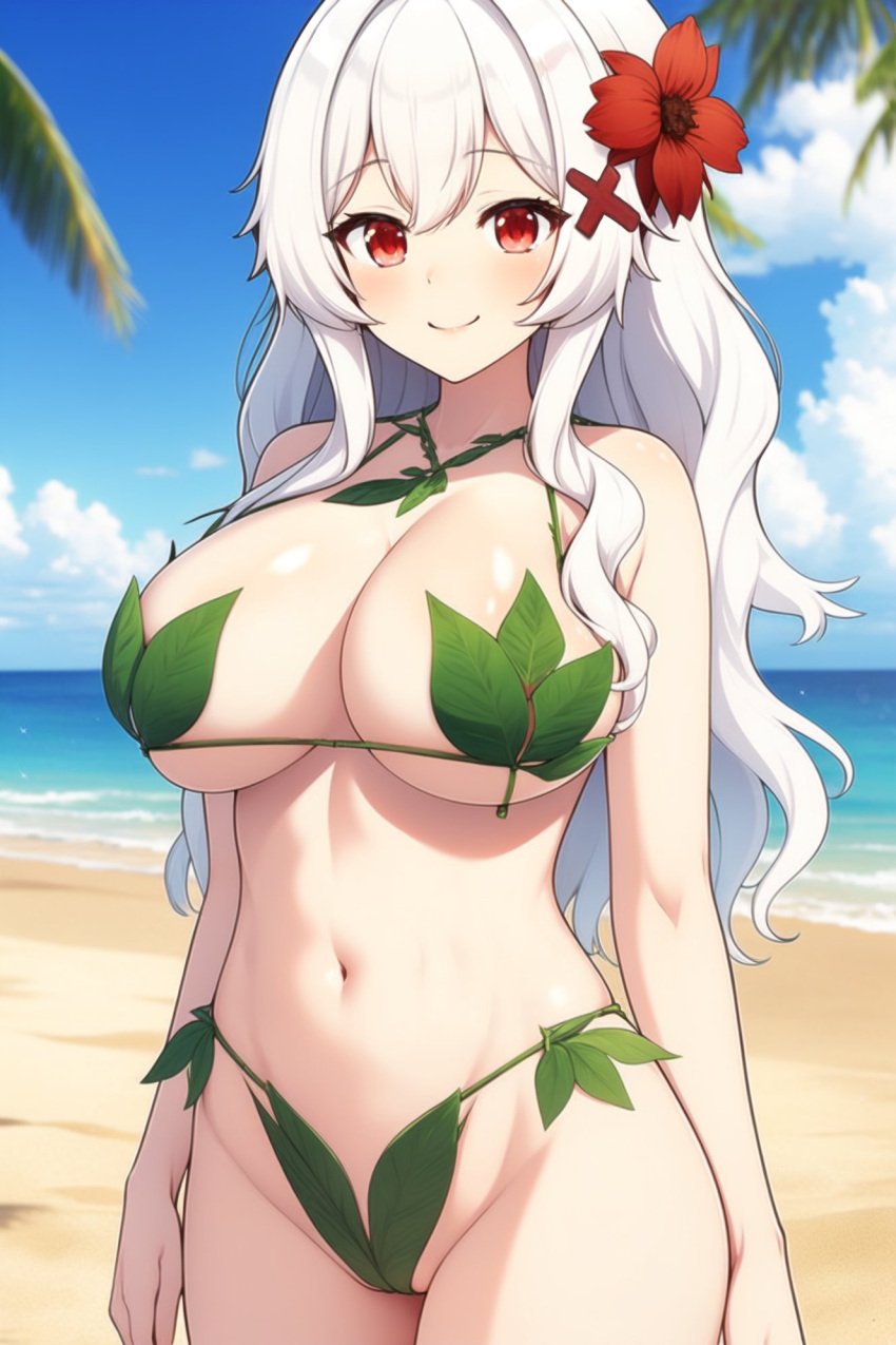 1girls ai_generated beach belly_button big_breasts breasts erispheria female female_focus female_only goddess hair_ornament hourglass_figure huge_breasts leaf leaf_bikini long_hair low_effort low_quality red_eyes semi_nude smile twitch vtuber white_hair wide_hips