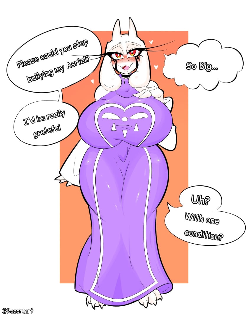 barefoot blackmail blush bullying dress furry goat_girl hand_on_breast horns huge_breasts long_lashes makeup orange_background razoruart red_eyes thick_thighs toriel undertale