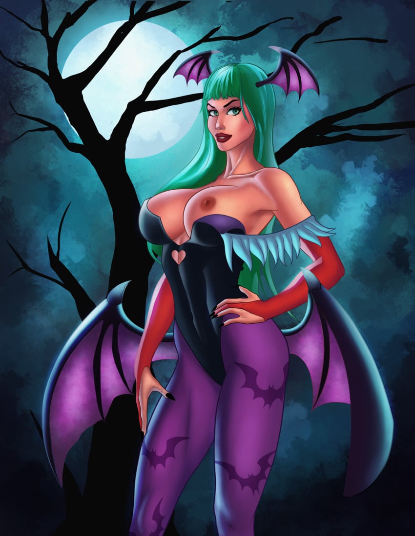 bat_print bat_wings breasts bridal_gauntlets capcom clothing darkstalkers female fur_trim green_eyes green_hair hand_on_hip head_wings heart_cutout leotard long_hair looking_at_viewer medium_breasts moon morrigan_aensland nipples one_breast_out outdoors pantyhose samcooper smile solo succubus wings