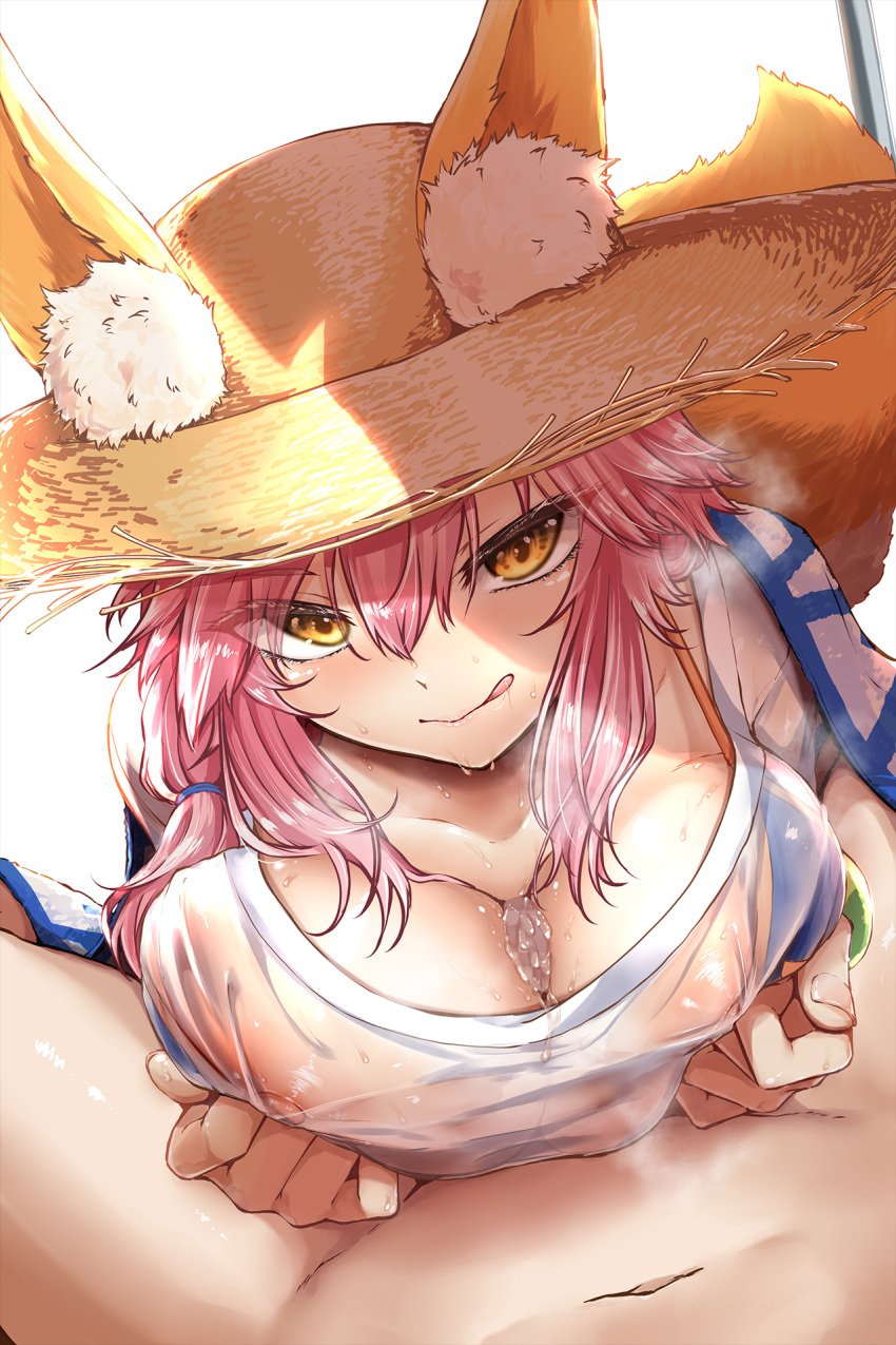 1boy :p animal_ear_fluff animal_ears ashina_merou bangle bikini bikini_under_clothes blue_bikini blush bracelet breasts breasts_squeezed_together closed_mouth collarbone commentary_request covered_nipples fate/grand_order fate_(series) female fox_ears fox_girl hat highres huge_breasts jewelry long_hair looking_at_viewer paizuri penis pink_hair pink_lips sanpaku shirt simple_background smile solo_focus straw_hat sweat swimsuit tamamo_(fate) tamamo_no_mae_(fate/extra) tamamo_no_mae_(swimsuit_lancer)_(fate) tamamo_no_mae_(swimsuit_lancer)_(second_ascension)_(fate) tongue tongue_out white_background white_shirt yellow_eyes yellow_hat