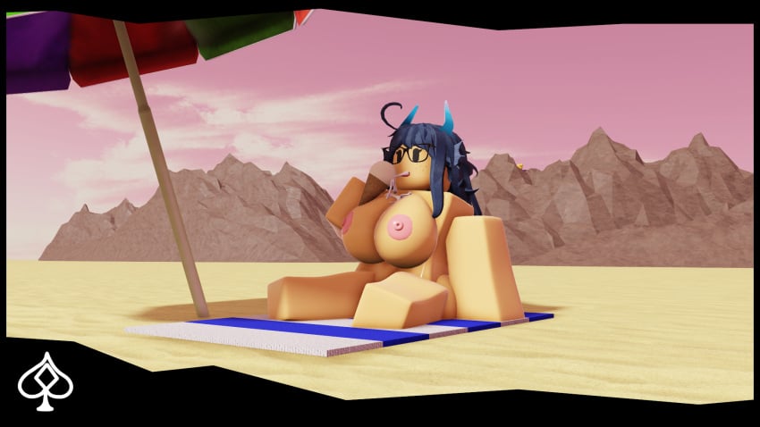 1girls 3d alisha_(tdsfc) areolae beach blue_hair blue_horns breasts female gijinka2 horns large_breasts naked naked_female nipples nude nude_female roblox robloxian self_upload tagme vanilla_ice_cream