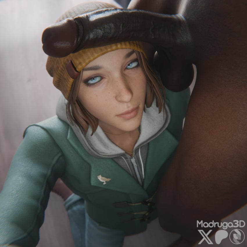 1boy1girl 3d beanie big_balls big_penis blue_eyes cute dark-skinned_male freckles jacket jeans life_is_strange life_is_strange:_double_exposure light-skinned_female looking_at_viewer madruga3d madrugasfm max_caulfield max_caulfield_(double_exposure) penis_on_head selfie sweatshirt