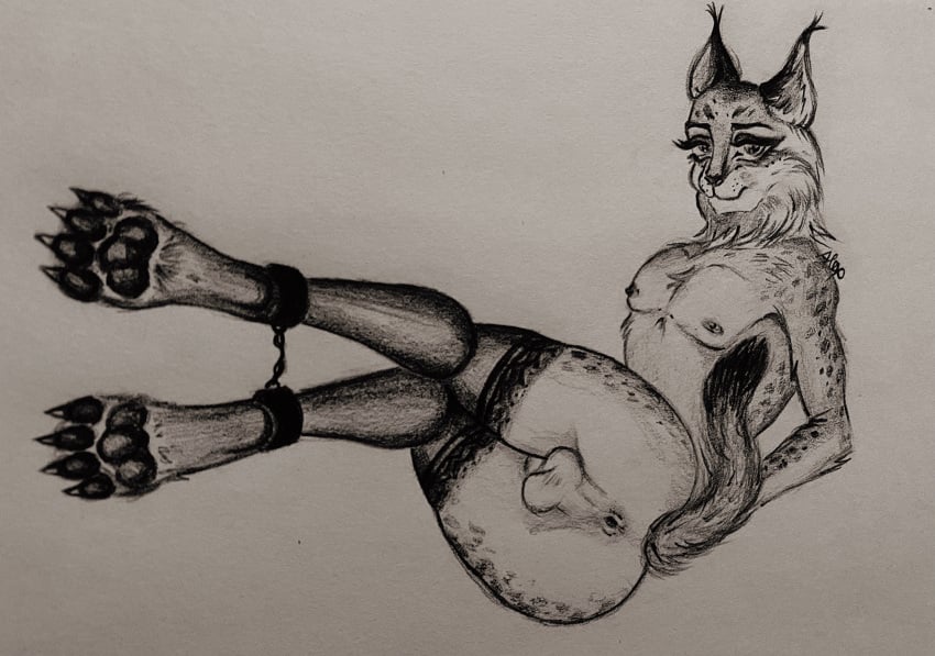 anthro anus ass clothing cuffed_ankles felid feline femboy hi_res lingerie lynx male mammal nude paws paws_in_socks solo