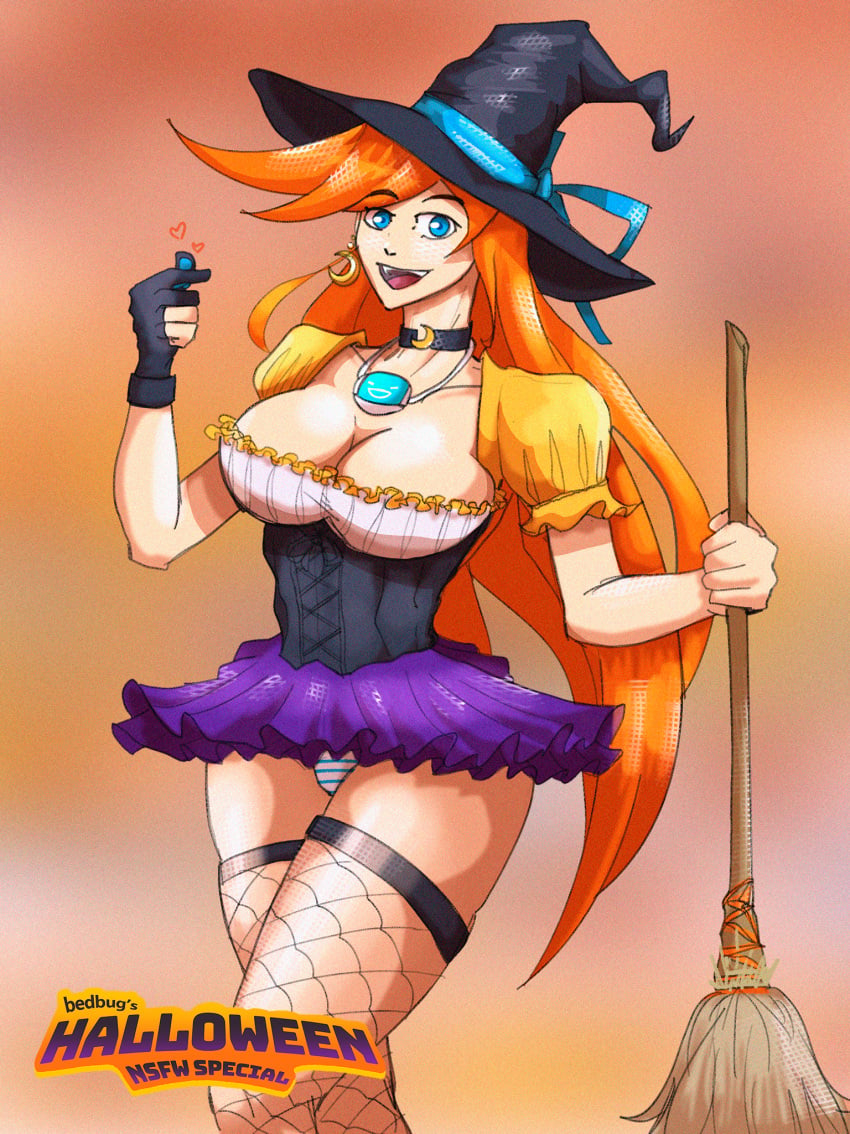 athena_cykes bedbug_(artist) blue_eyes cleavage fishnets gyakuten_saiban halloween_costume hat long_hair orange_hair pantyshot short_skirt witch witch_costume witch_hat