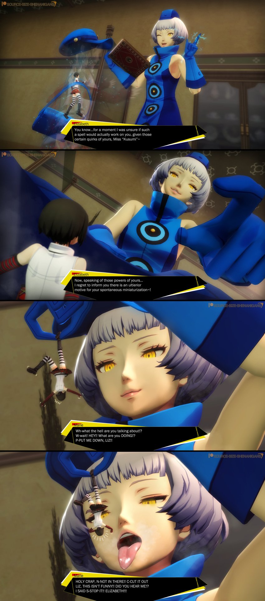 2023 2girls 3d before_vore blue_dress elizabeth_(persona) giantess macro macro_female marie_(persona_4) open_mouth oral_vore persona persona_3 persona_4 shrunk shrunken_woman size_difference sourcesizeshenanigans tongue_out vore yellow_eyes