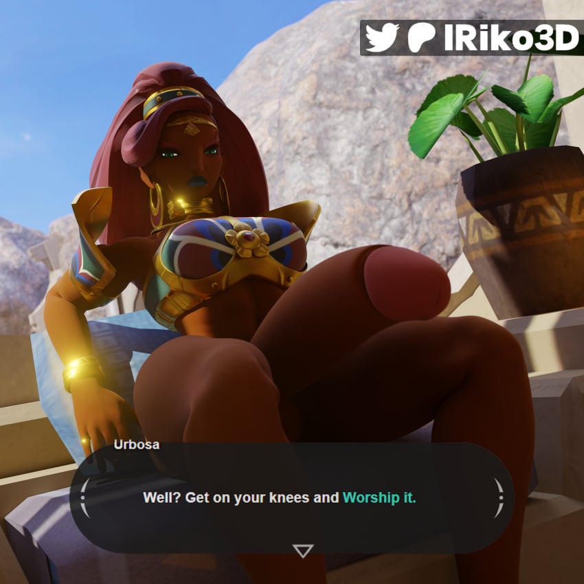 3d big_penis blender breath_of_the_wild dark-skinned_female futanari green_eyes highres lriko3d red_hair sitting solo_futa tagme the_legend_of_zelda urbosa