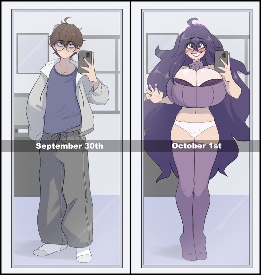 1boy 2024 baggy_clothing bags_under_eyes before_and_after belly blush breasts_bigger_than_head brown_hair bulge bulge_through_clothing cosplay crossdressing fake_breasts fake_tits femboy feminization freckles glasses halloween hex_maniac hex_maniac_(cosplay) holding_phone huge_breasts human human_only lipstick long_hair male_focus male_only messy_hair mirror mirror_selfie nail_polish no_visible_genitalia npc_trainer panties panty_bulge personality_change pokemon pokemon_xy purple_hair purple_lipstick round_glasses sealguy selfie solo stockings thigh_squish thighhighs very_long_hair