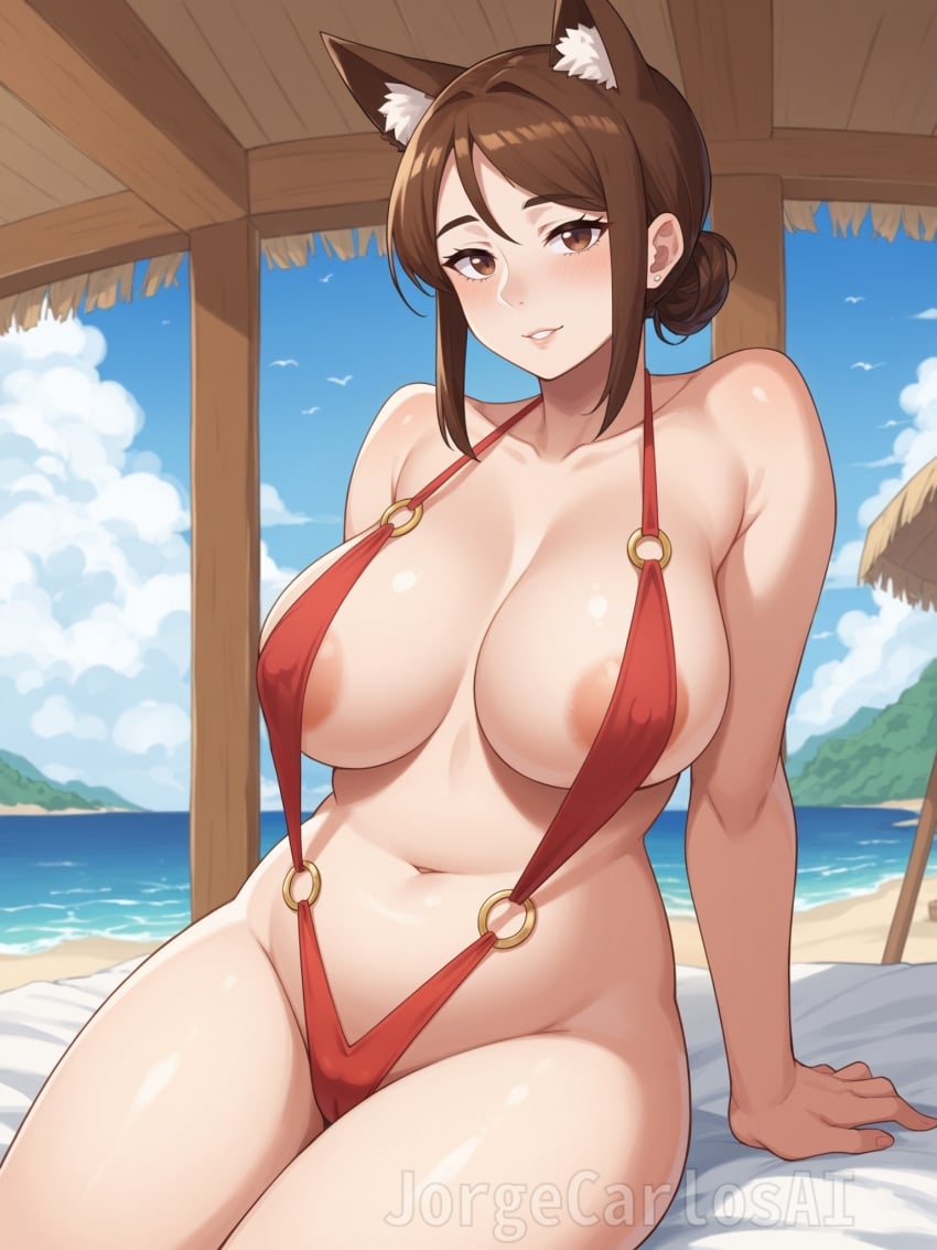 1girls ai_generated areola areola_slip areolae areolae_slip beach bed big_breasts big_breasts big_breasts blush blush blush_lines breasts breasts breasts brown_eyes brown_hair cameltoe cleavage covered_nipples curvaceous curves curvy curvy_body curvy_female curvy_figure female female female_focus female_only fox fox_ears fox_girl fox_humanoid foxgirl girl hair_bun hut jorgecarlosai mature mature_body mature_female mature_woman milf navel o-ring_bikini red_bikini red_swimsuit rings sling_bikini slingshot_bikini slingshot_swimsuit smile teeth thick_thighs water watermark