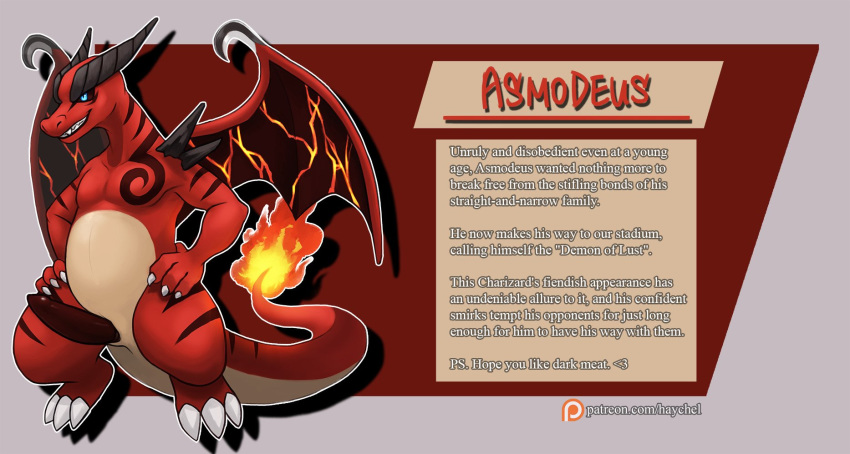 2017 asmodeus asmodeus_(character) charizard dragon english_text erection fakémon fakemon fire genitals grin haychel hi_res horn male male_only markings nintendo patreon penis pokémon_(species) pokemon pokemon_(species) red_body red_skin scalie smile solo sound_effects text video_games western_dragon wings