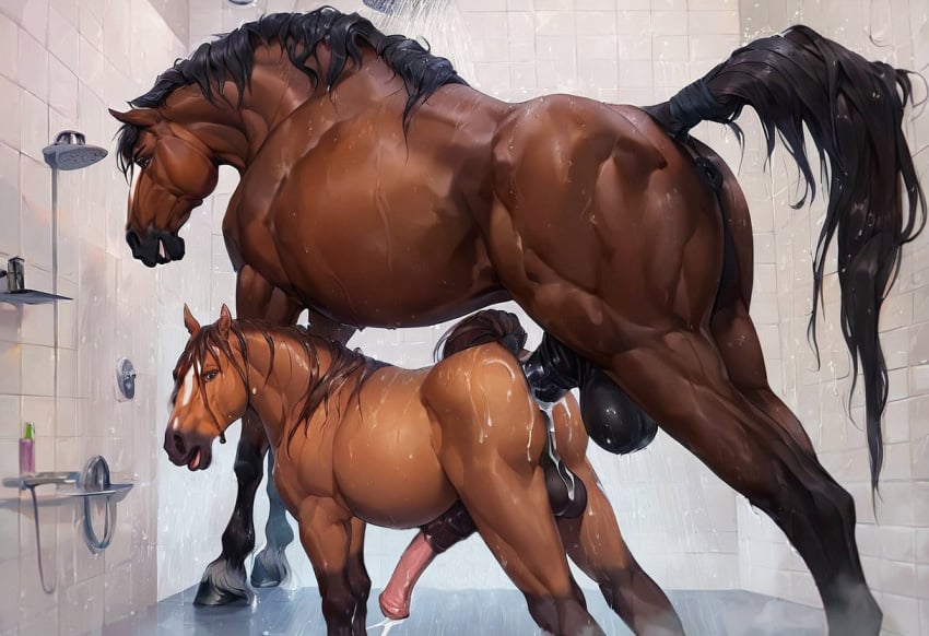 ai_generated anal anal_sex animal animal_fucking animal_genitalia animal_penis anus balls big_penis bodily_fluids brown_body dino2k duo equid equine equine_penis feral fur genitals horse male male/male mammal open_mouth penetration penis puffy_anus raised_tail shower shower_room showering size_difference wet wet_balls wet_body wet_fur wet_penis