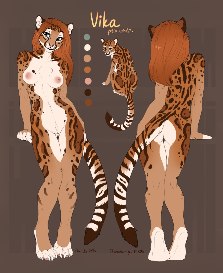 2016 absurd_res anthro ass blue_eyes brown_background brown_fur brown_hair claws english_text f-r95 feline female feral fur hair hi_res long_hair mammal model_sheet navel nude pink_nose pink_pawpads pussy rear_view simple_background solo spots stripes text toe_claws vika