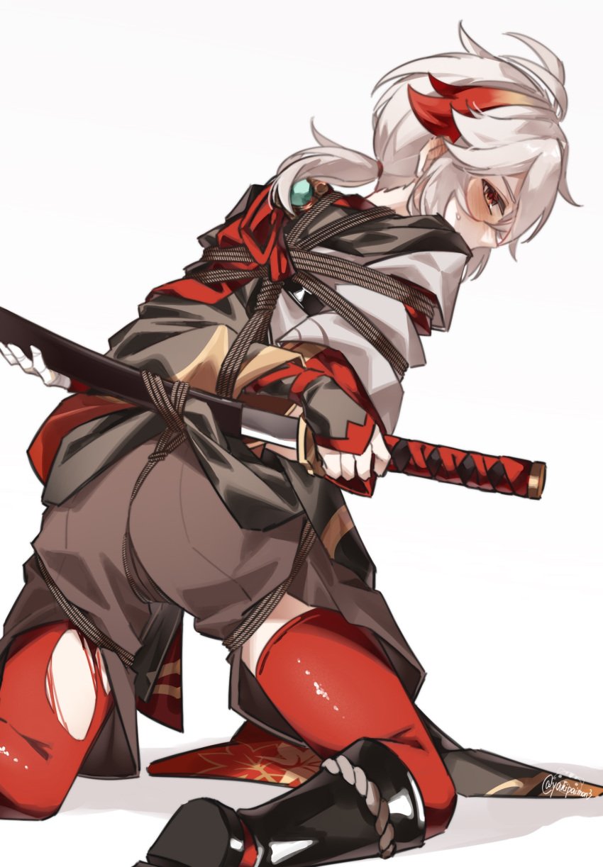 arms_behind_back blush blush_lines bondage bound bound_arms crotch_rope from_behind genshin_impact holding_object holding_sword kaedehara_kazuha leaning leaning_forward looking_at_viewer looking_back male_only on_knees ponytail red_eyes red_hair red_socks restrained restrained_arms restraints ripped_stockings rope rope_bondage ropes sheath shibari_over_clothes solo solo_male sword thigh_highs thighhighs tied_arms tied_up white_hair yakipaimon