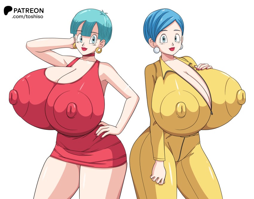 1female 1girls bare_breasts bare_tits big_breasts big_nipples blue_hair breasts breasts_bigger_than_head breasts_bigger_than_torso bulma_(dragon_ball) bulma_briefs cleavage dragon_ball dragon_ball_super dragon_ball_z dress earrings exposed_breasts exposed_tits female female_focus female_only huge_breasts huge_nipples jeans large_breasts large_nipples large_tits massive_breasts massive_tits nipple_bulge nipples short_hair shounen_jump tagme toshiso