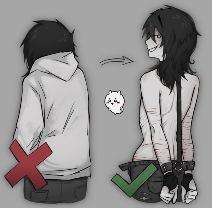 belt black_hair blush bondage boy creepypasta cuts cuts_on_thighs jeans jeff_the_killer ribs shoulder solo thin white_skin