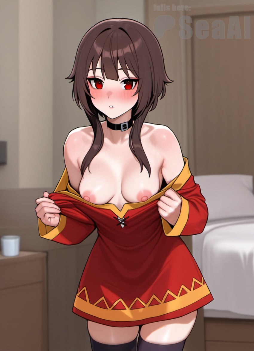 1girls ai_generated breasts_out cowboy_shot indoors kono_subarashii_sekai_ni_shukufuku_wo! leaning_forward megumin nipples seacreator solo stockings undressing