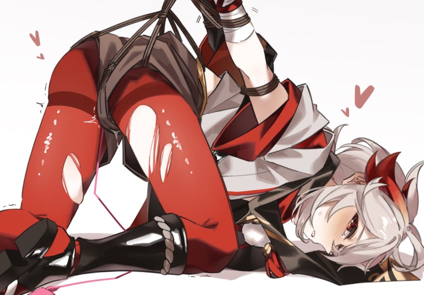 ahoge arms_behind_back arms_up ass ass_up blush blush_lines blushing_at_viewer bondage bound bound_arms crotch_rope cum cum_drip cum_leaking genshin_impact heart heart_symbol kaedehara_kazuha leaking leaking_cum looking_at_viewer male_only red_eyes red_hair ripped_tights rope_bondage shibari_over_clothes solo solo_male tied_arms tied_up tights white_hair yakipaimon