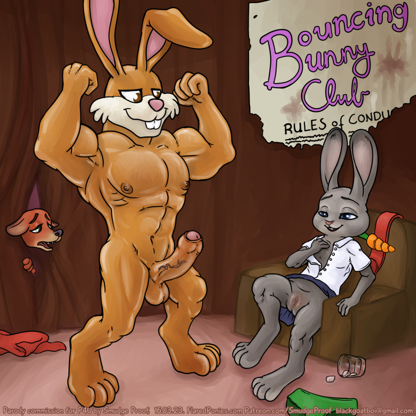 balls canine captain_carrot clothing crossover disney erection female flat_chest flexing fox judy_hopps lagomorph male mammal nick_wilde penis pussy rabbit skirt smudge_proof straight striptease uncut vein zootopia