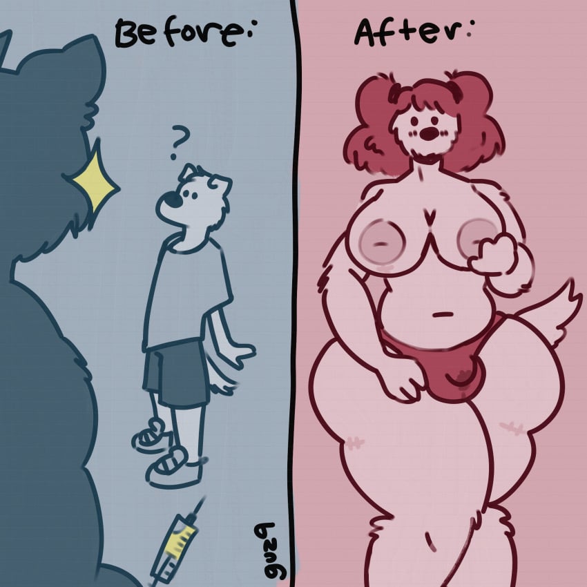 anthro ass before_and_after big_breasts big_bulge big_butt bimbofication bodily_fluids breasts bulge canid canine canis clothing confusion digital_drawing_(artwork) digital_media_(artwork) domestic_dog duo fake_breasts forced forced_transformation gender_transformation genital_fluids guz9 gynomorph hi_res intersex looking_at_viewer mammal mtg_transformation mti_transformation ponytail_ears precum precum_through_clothing precum_through_underwear scar self_grope solo_focus standing syringe transformation underwear wet wet_clothing