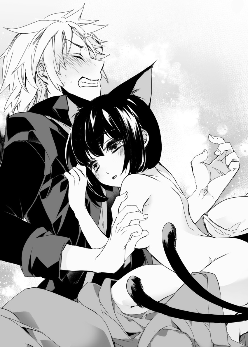 1boy 2_tails animal_ears black_hair blush bob_cut cat_ears cat_girl cat_tail clenched_teeth closed_eyes clothed_male_nude_female comta female greyscale highres kuroka_adelhide maou_no_ore_ga_dorei_elf_wo_yome_ni_shitanda_ga_dou_medereba_ii? monochrome multi_tail nude official_art shax_(maou_no_ore_ga) short_hair sleeves_rolled_up straight sweatdrop tail teeth