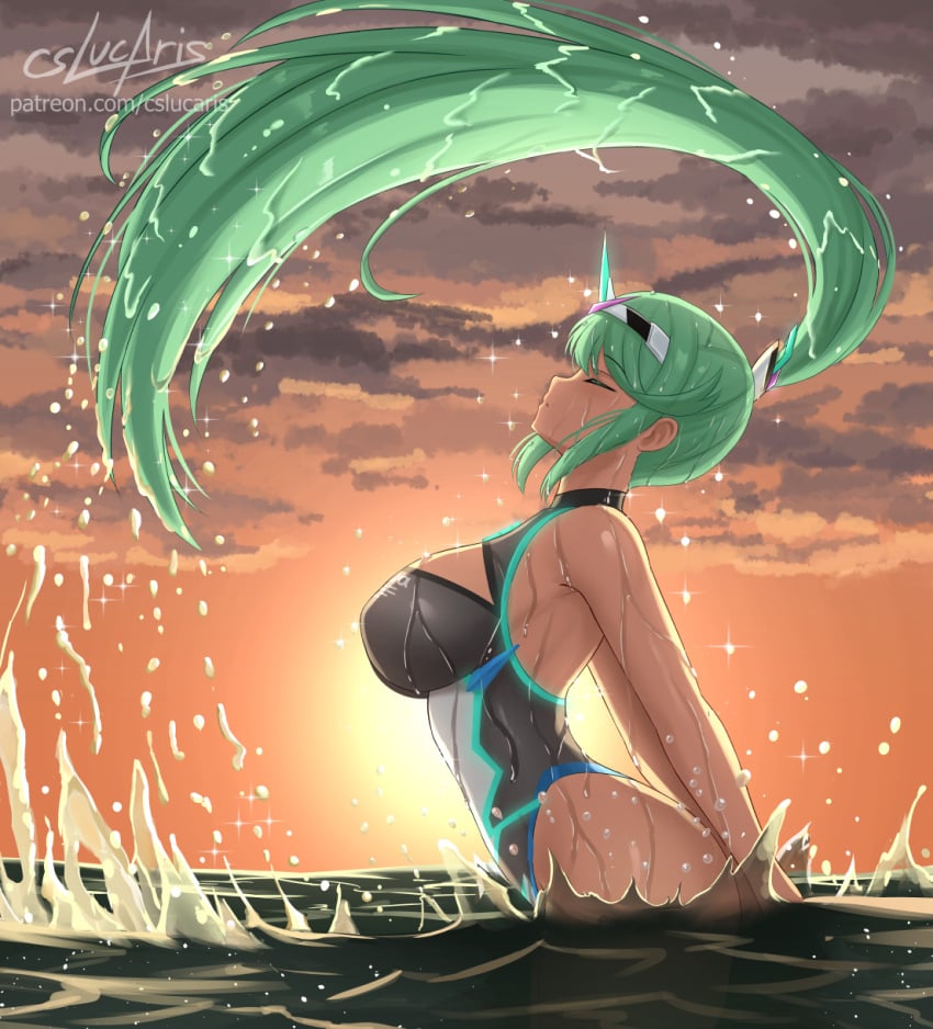 1girls alluring big_breasts bikini cslucaris female green_hair in_water nintendo ocean one-piece_bikini pneuma_(xenoblade) ponytail resurfacing shoulders sunset wet xenoblade_(series) xenoblade_chronicles_2