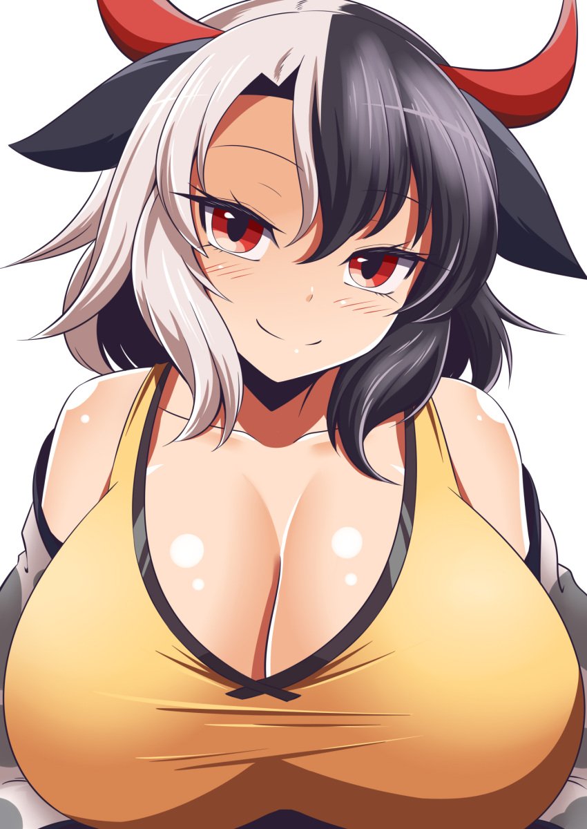 1girls big_breasts black_hair breasts cleavage collarbone female horns huge_breasts large_breasts light-skinned_female light_skin red_eyes simple_background solo tank_top touhou two_tone_hair urumi_ushizaki white_background white_hair