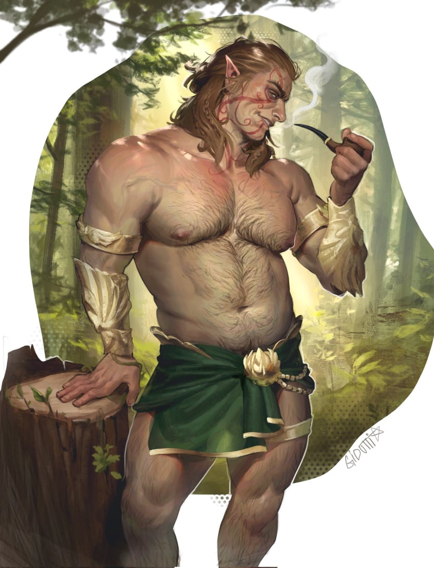 baldur's_gate bara bara_tiddies bara_tits barazoku body_hair brown_hair buff dad_bod digital_painting_(artwork) dungeons_and_dragons elf elf_ears elf_male gio_utti green_eyes hair hairy hairy_chest hairy_male halsin himbo light_green_eyes long_hair male male_focus male_only manly no_visible_genitalia nonsexual ornate_clothing pecs pipe slightly_chubby slightly_chubby_male smoking_pipe strongfat tasteful tasteful_nudity