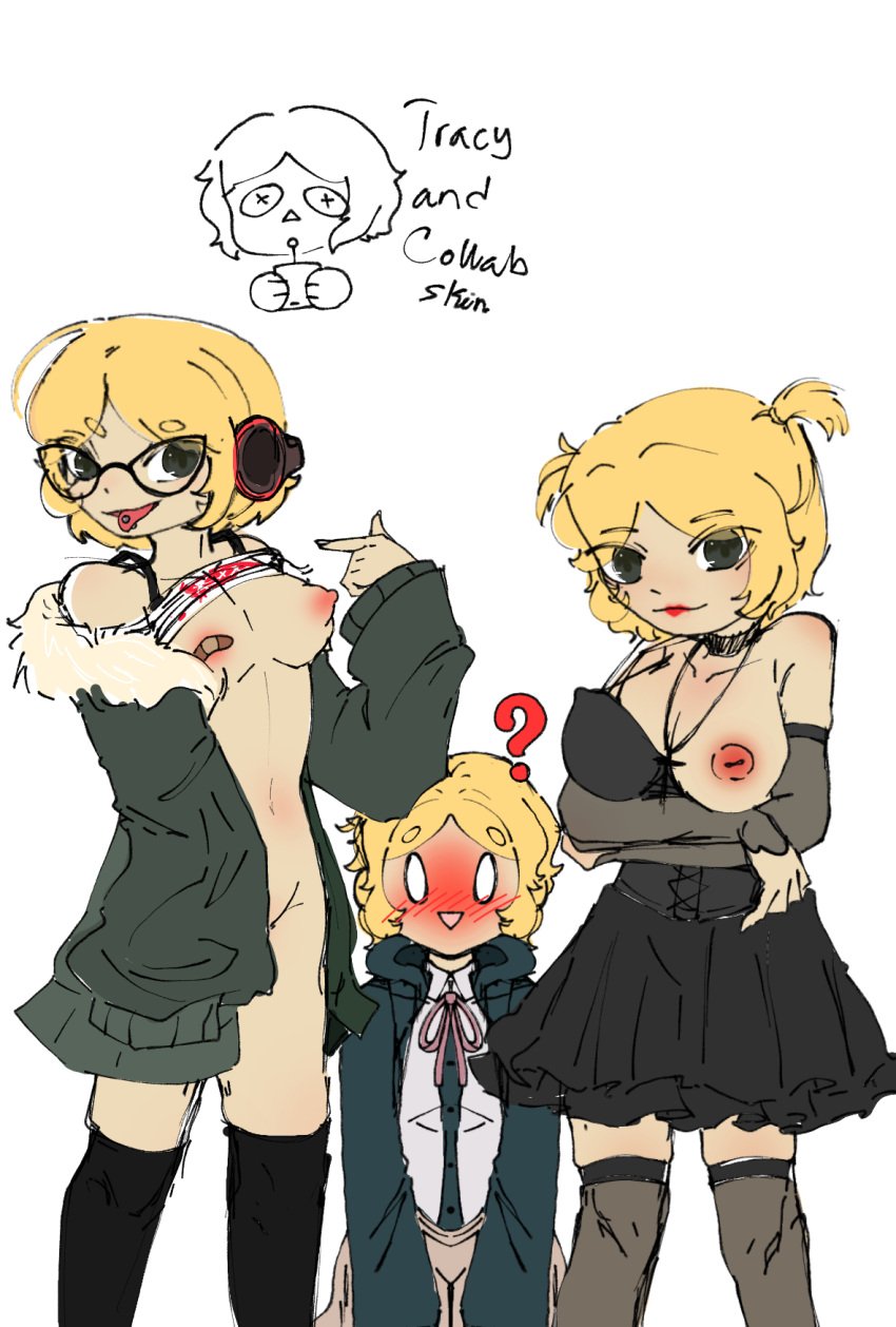 ack_chan arms_under_breasts bandaid bandaids_on_nipples blonde_hair blush breasts danganronpa danganronpa_2:_goodbye_despair death_note girl glasses green_eyes headphones identity_v jacket lipstick looking_at_viewer medium_breasts misa_amane multiple_girls nanami_chiaki nipples persona persona_5 sakura_futaba shirt shirt_lift short_hair skirt smile text thighhighs tracy_reznik white_background